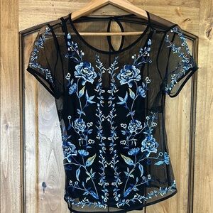 Embroidered Black and Blue Sheer Top